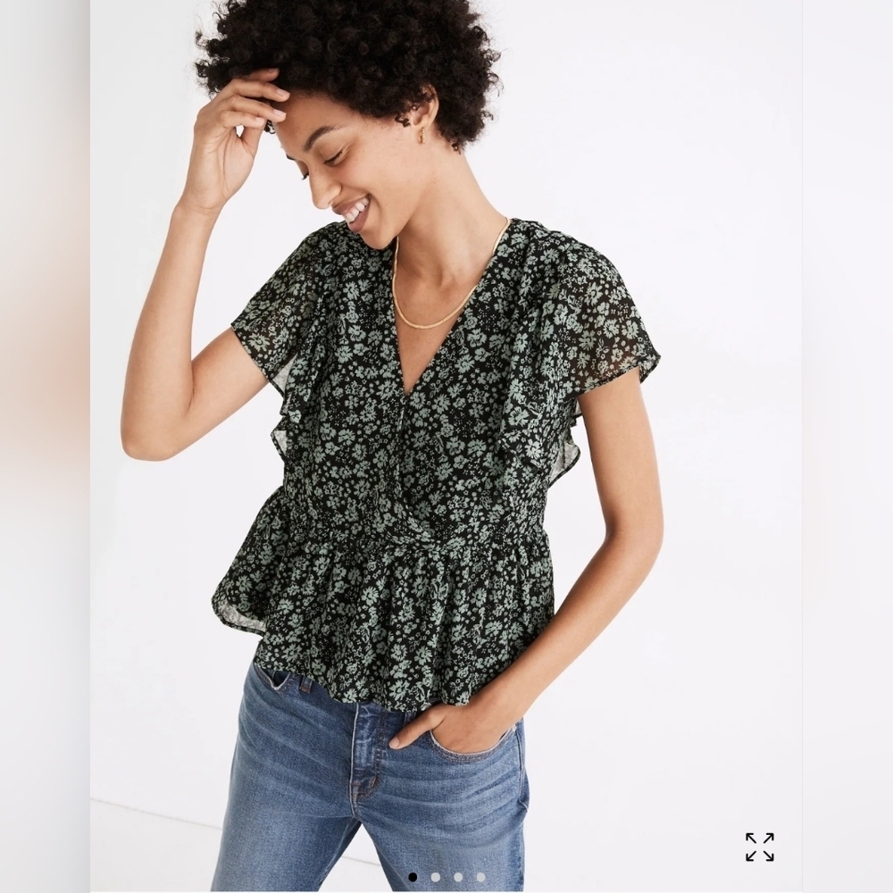 ❤️ MADEWELL GEORGETTE RUFFLE SLEEVE PEPLUM TOP IN FLEUR FIELD, XS